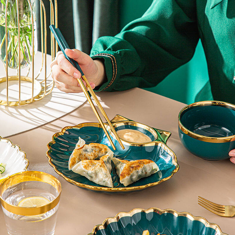 Ceramic Dumpling Plate with Vinegar Dish Household Fruit Plate Personality Tableware Shell Dish Sushi Net Sweet Potato Chip Plate and Bowl Creative Dinnerware