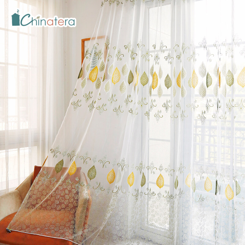 Rèm Vải Tuyn Chinatera Đục Lỗ, In Hình Lá Phong Cách Bắc Âu Đơn Giản, Màn Che Cửa Sổ Ban Công Mỏng Trang Trí Nhà Cửa Màu Xanh Lá