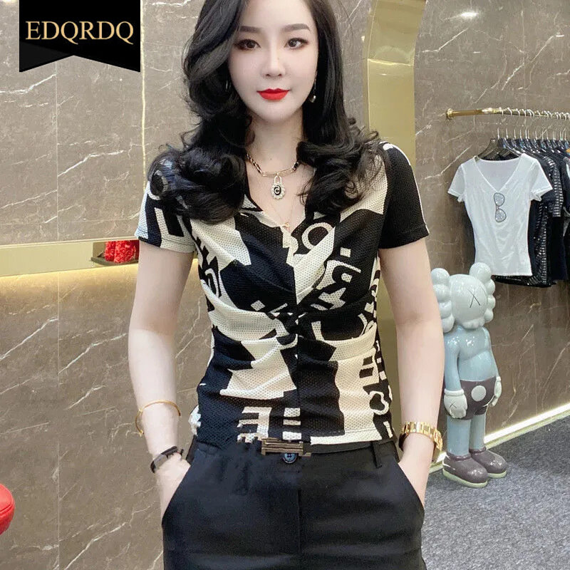 EDQRDQ Áo Sơ Mi Ngắn Tay Xếp Nếp Cổ Chữ V Ren In Chữ Cho Nữ Áo Dáng Ôm Thường Ngày Áo Cánh