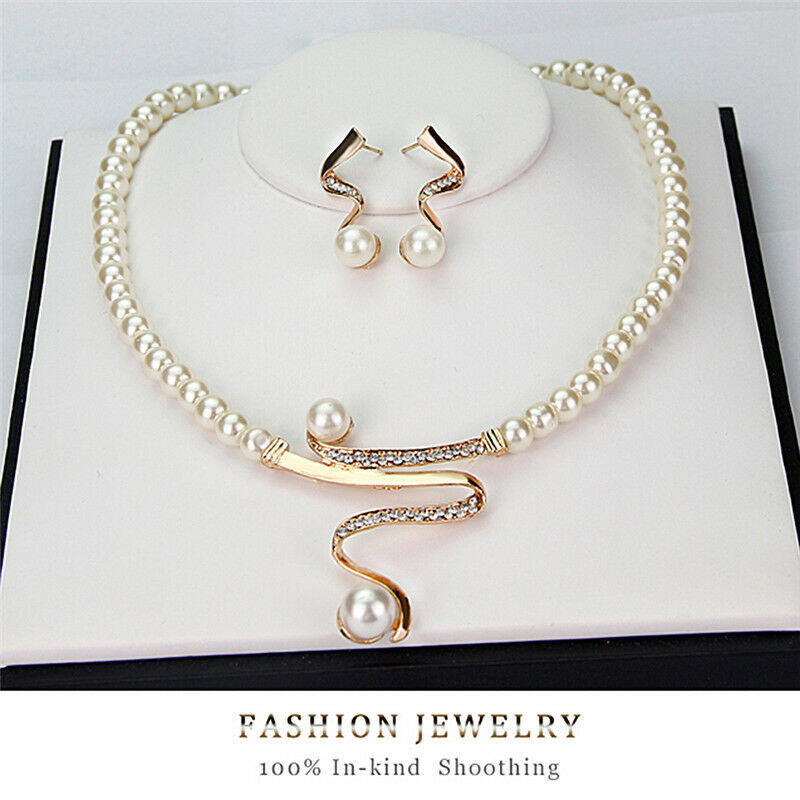 New Women Bridal Wedding Party Pearl Rhinestone Necklace Earrings Jewelry