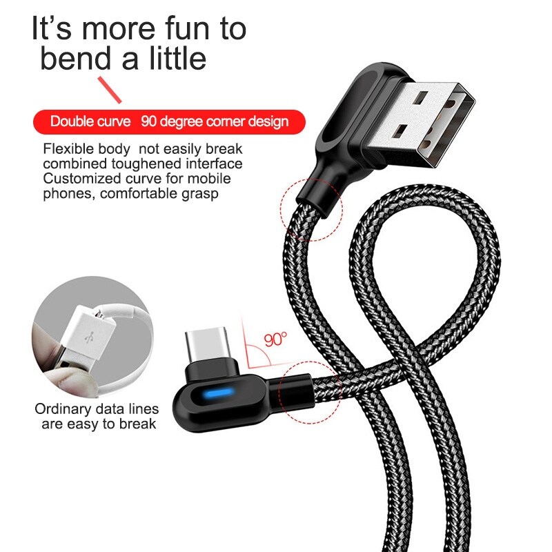 [A NEW] 90 DegreeUSB USB Type CWithLight Elbow CableCharging Data Cord1311Xiaomi Phone