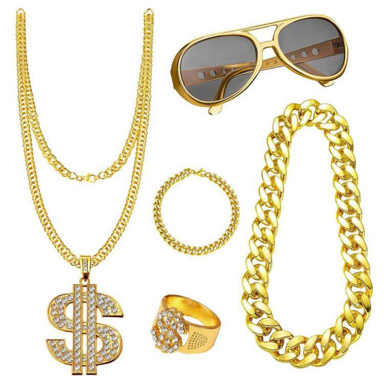 Hip Hop Costume for Men 5 Pieces Rapper Costume Accessories Fake Gold