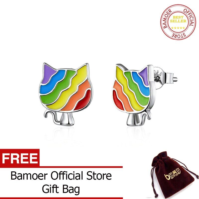 BAMOER Rainbow Kitty Enamel Stud Earrings for Women 925 Sterling Silver Animal Fashion Jewelry SCE823