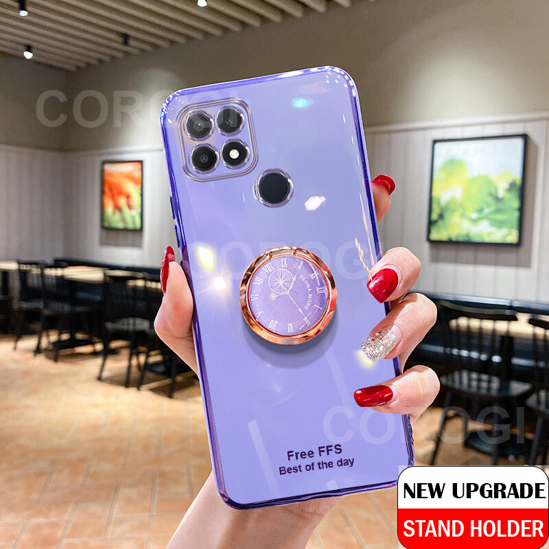 For Realme C25Y / Realme C21Y Case + Stand Holder, [Camera Lens Protection] Luxury Shiny Plating Bumper Slim Phone Casing Soft TPU Silicone Shockproof Cellphone Casing Protective Cover Girls Women Lady