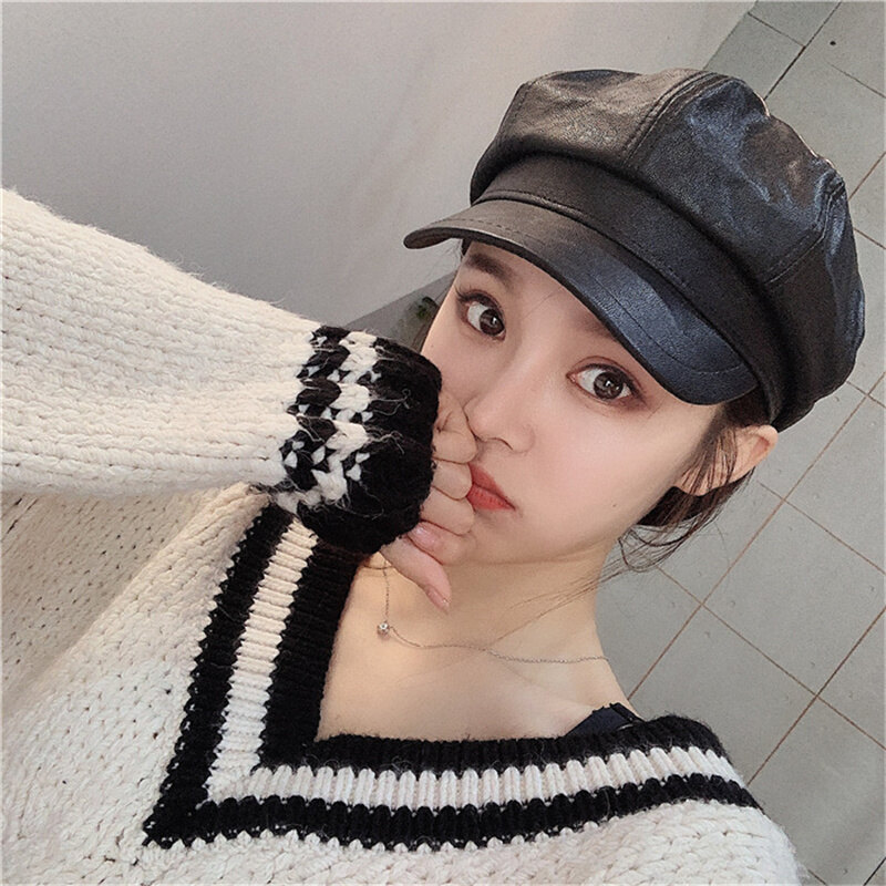 Women PU Leather Beret Cap Octagonal Newsboy Hat Lady Girl Solid Autumn Winter Retro