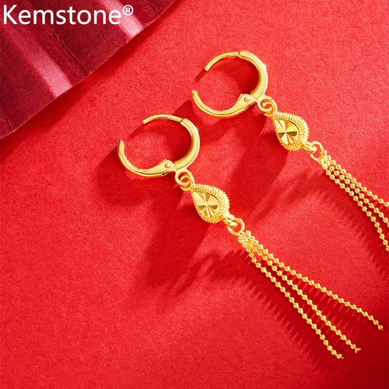 Kemstone Water Drop Women's Tassel Earrings Ear Line Brass Beads Female Gold Plated Hoop Earrings Jewelry