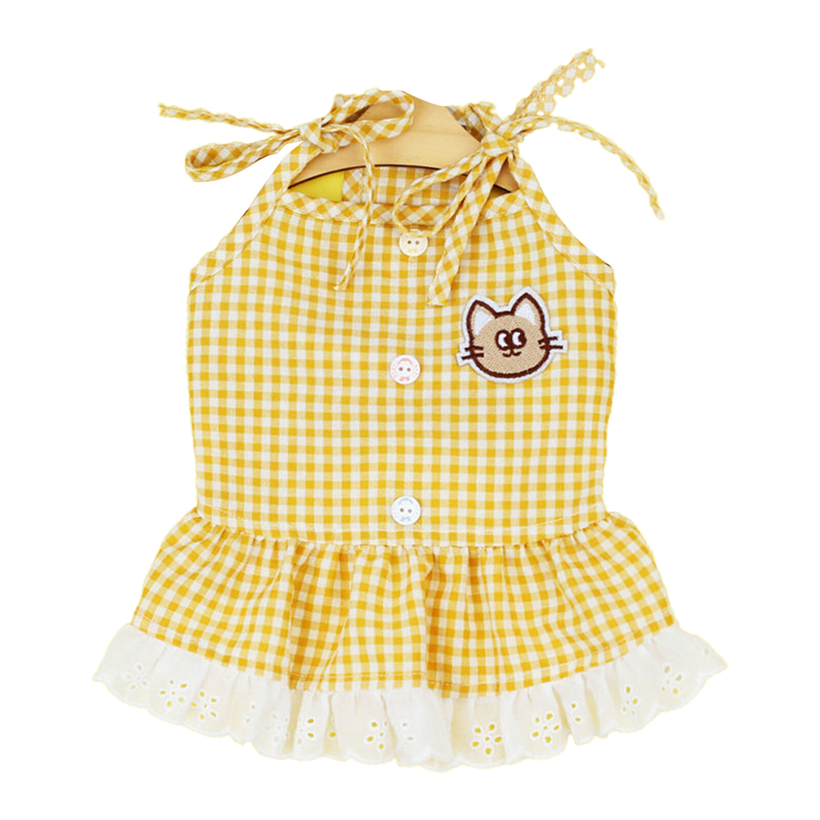 Lace Hem Checkered Pattern Button Decor Spring Summer Pet Dress Cartoon Embroidered Lace-up Design Puppy Sling Skirt Cute Pet Suspenders Dress