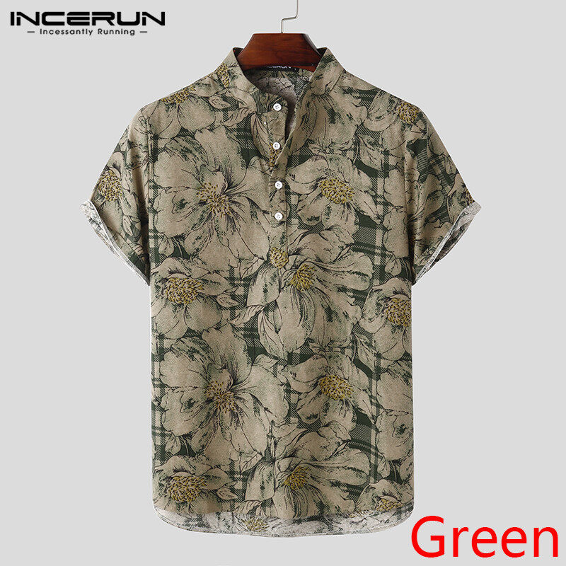 (Leisure style) INCERUN Floral Beach Men Short or Long Sleeve Retro Linen Blouse Casual Henley Top Tees