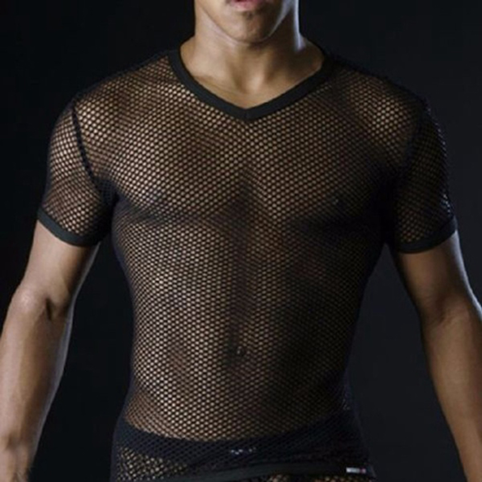 Yitu T-shirt Mesh Breathable Men See Through Top for Sports Fashion T-shirt Fishnet