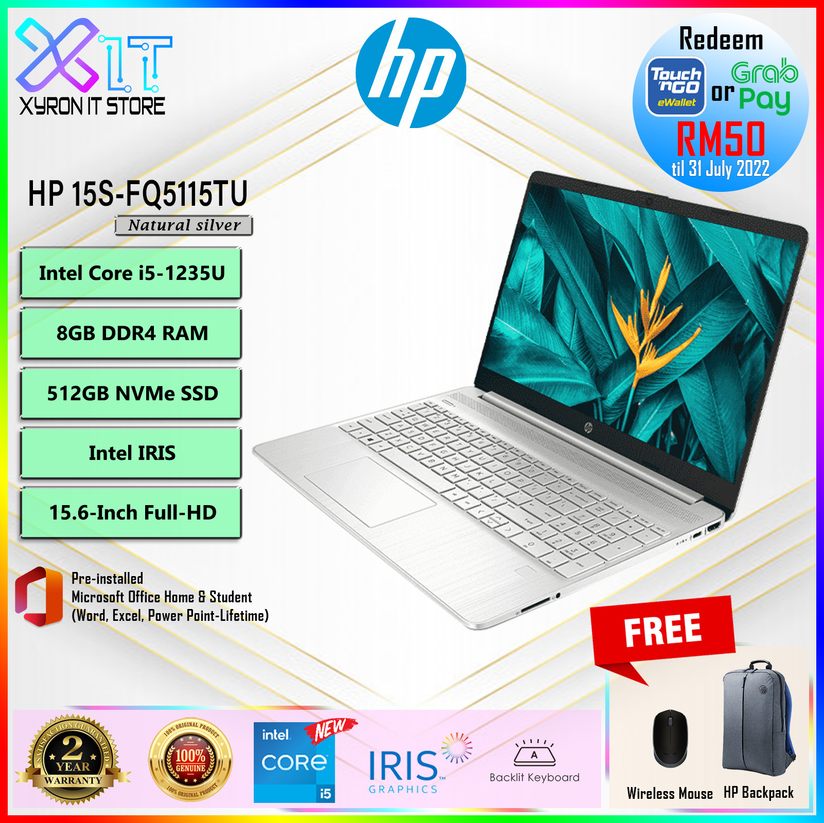 [New] HP Laptop 15s-fq5115TU - Core i5-1235U, 8GB RAM, 512GB SSD, 15.6 ...