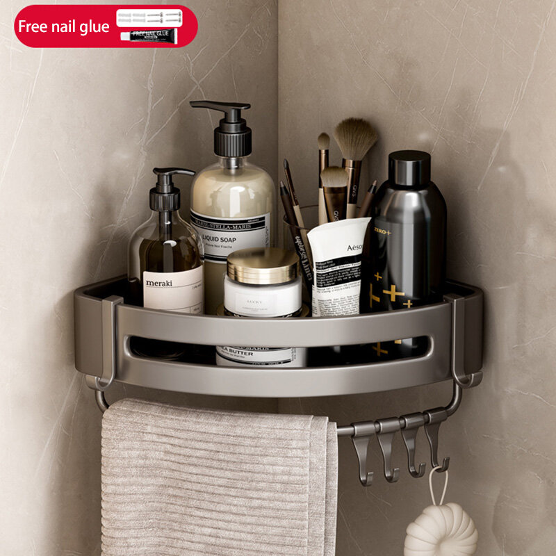 Bathroom shelf, space aluminum no-punch wall triangle corner toilet, shower room, bathroom storage basket