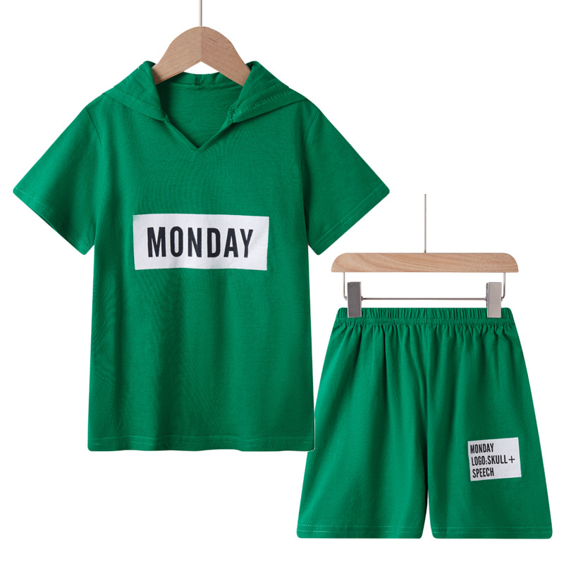 MONDAY Girls Boys Short Sleeve Hooded T-shirt Shorts Set Summer New Children's Sports Suit Casual Alphabet Hooded Two-piece Set