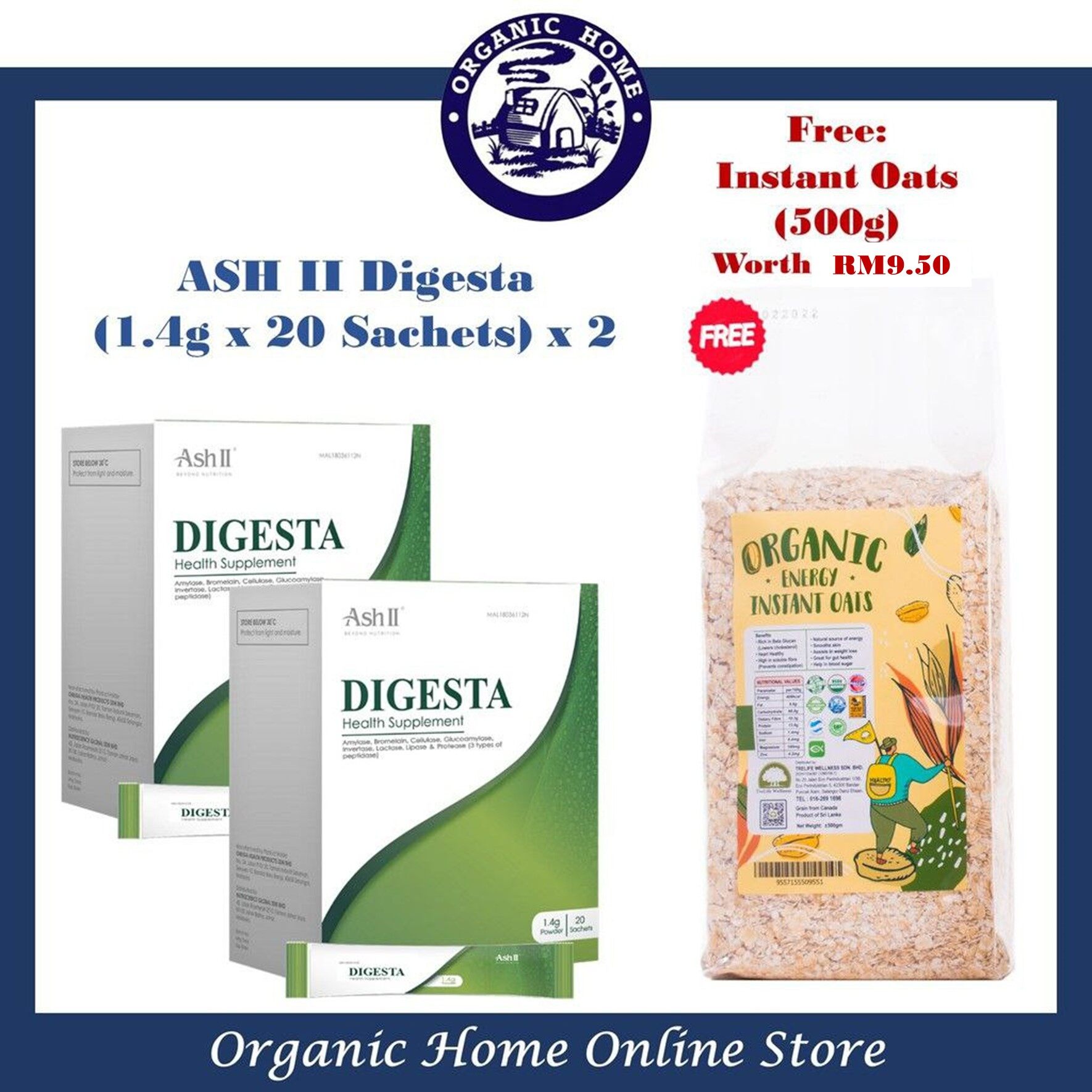 ASH II DIGESTA for Digestive Health (1.4g x 20 sachets) {2 Free 1 Organic Instant Oats 500G
