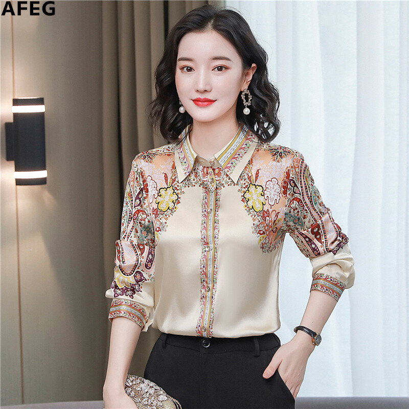 AFEG new Korean shirt collar fashion all-match temperament printed silk long-sleeved shirt for women