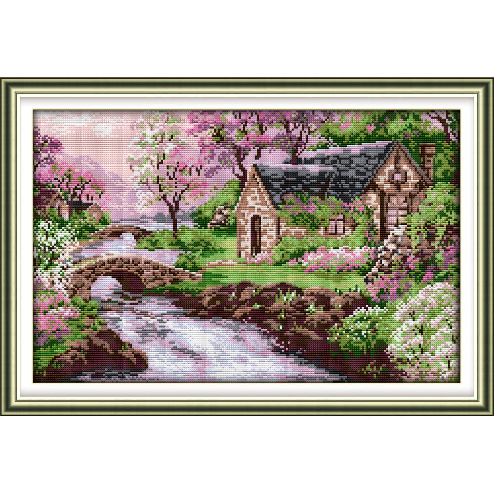 Cross Stitch Complete Set Full Small bridge and flowing water Pattern Patterns Design 14CT 11CT Handmade Printed Unprinted White Cloth Fabric, DIY Needlework Stamped Counted Cross Stitch Embroidery Kit for Wall Décor Handicrafts