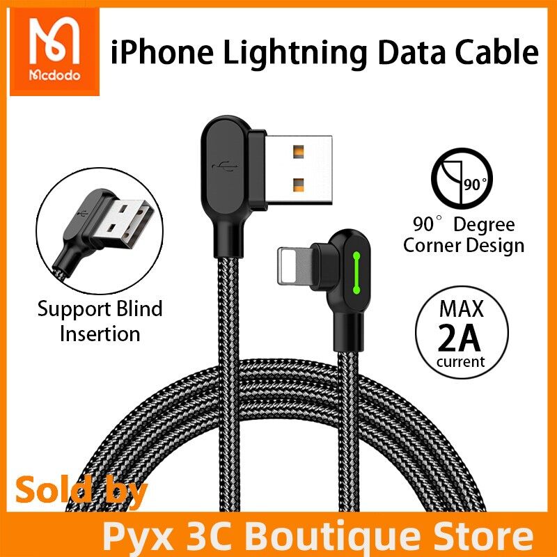 Mcdodo elbow 90° usb cable for iphone lightning apple 5-14 pro max fast charging cable mobile phone led light cord data cable