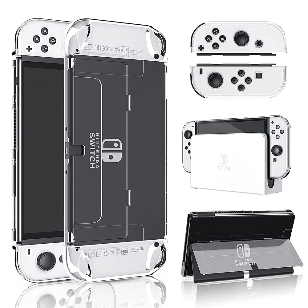 NS Ốp Bảo Vệ Trong Suốt Bằng Nhựa PC Cứng Cho Nintendo Switch OLED 2021 Ốp Có Thể Gắn Với Chân Đế Lật Vỏ Cần Điều Khiển Và Bảng Điều Khiển Joy-Con Với Kính Cường Lực Miễn Phí Cho OLED