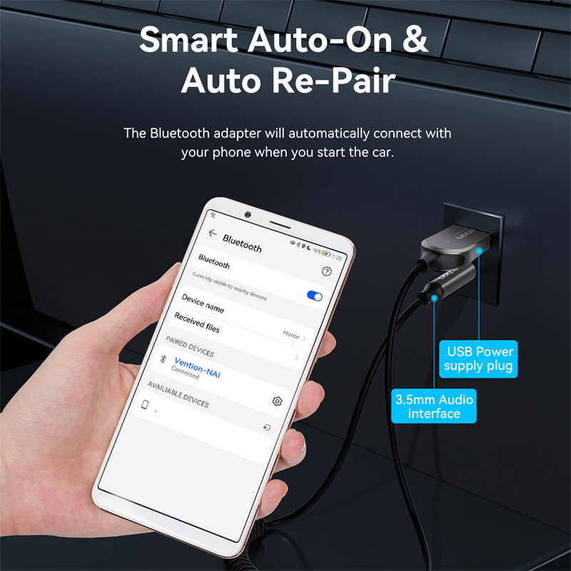 Vention 3.5mm Bluetooth 5.4 Receiver Adapter for car 3.5mm Jack Aux USB Bluetooth Receiver Wireless Audio Music Bluetooth Transmitter
