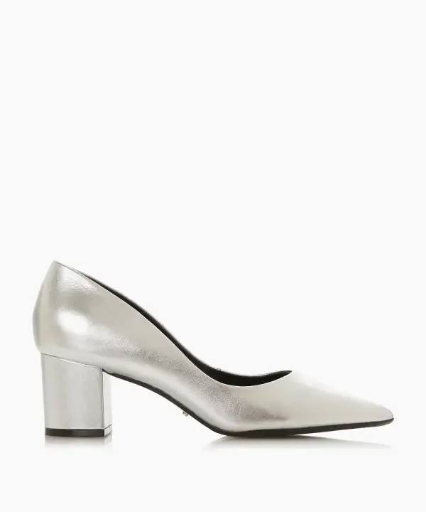 silver mid block heels