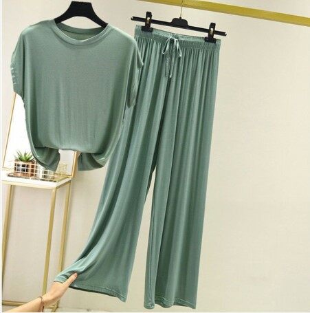 (Clearance) Alisa.Sonya Women's Cotton Loungewear Plus Size five Color Pajamas Short Sleeve T-Shirt With Full Length Loose Fit Elastic Waist Stretch 2 Piece Set Women Pajamas