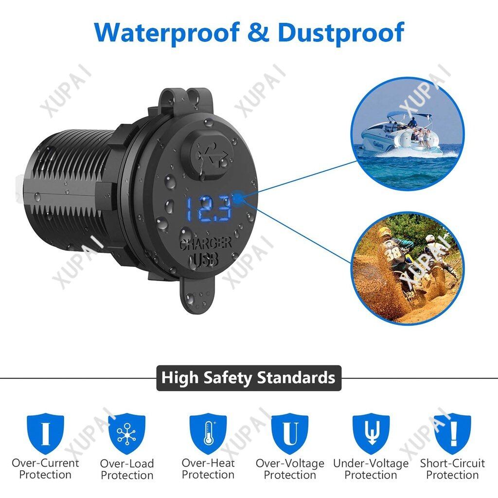 RTO QC 3.0 Motorcycle Boat Car USB Charger Socket LED Voltmeter With ON/OFF Switch Power Socket Adapter/ LED Display Waterproof Output for Car Marine Motorcycle Boat ATV RV Camper