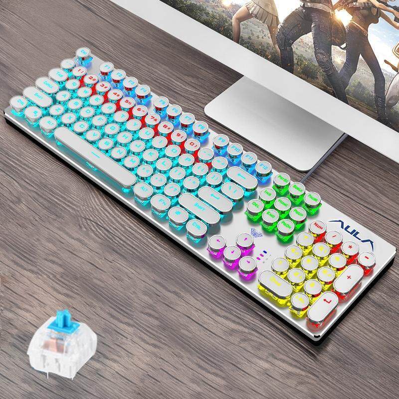 AULA F2068 104-keys Punk Round Key Cap Mixing Light Mechanical Blue Switch Metal Panel Wired USB Gaming Keyboard, Length: 1.6m (White) Singapore