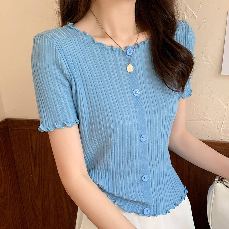 Knitwear Slim Fit T-Shirt Women's 2022 Summer New All-match Pullover Thin Solid Color Short Ins Top