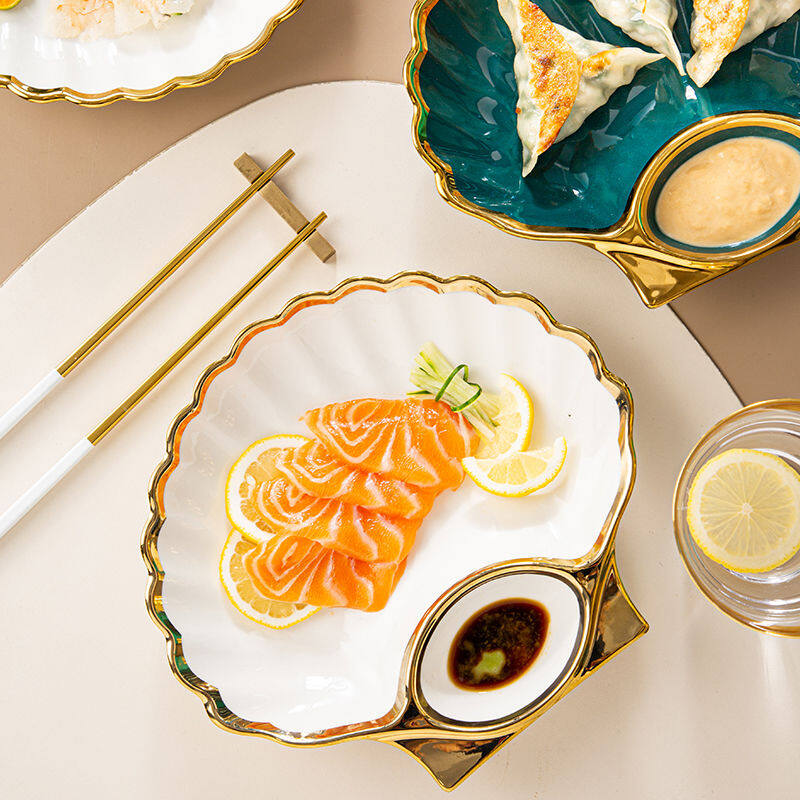 Ceramic Dumpling Plate with Vinegar Dish Household Fruit Plate Personality Tableware Shell Dish Sushi Net Sweet Potato Chip Plate and Bowl Creative Dinnerware