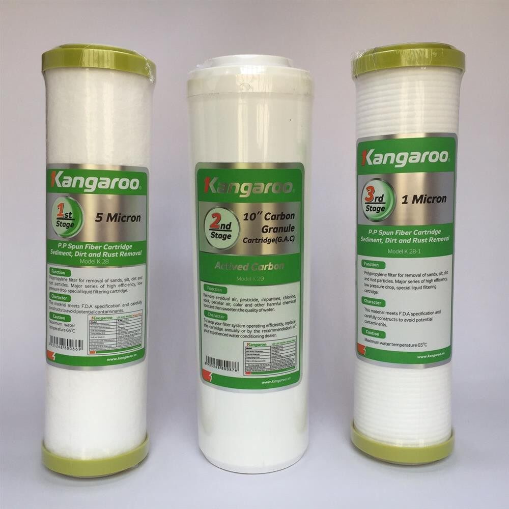 Bộ 3 Lõi lọc nước Kangaroo 10 inch số 1 2 3 ( PP5 - GAC - PP1) chính hãng dùng cho máy lọc nước RO