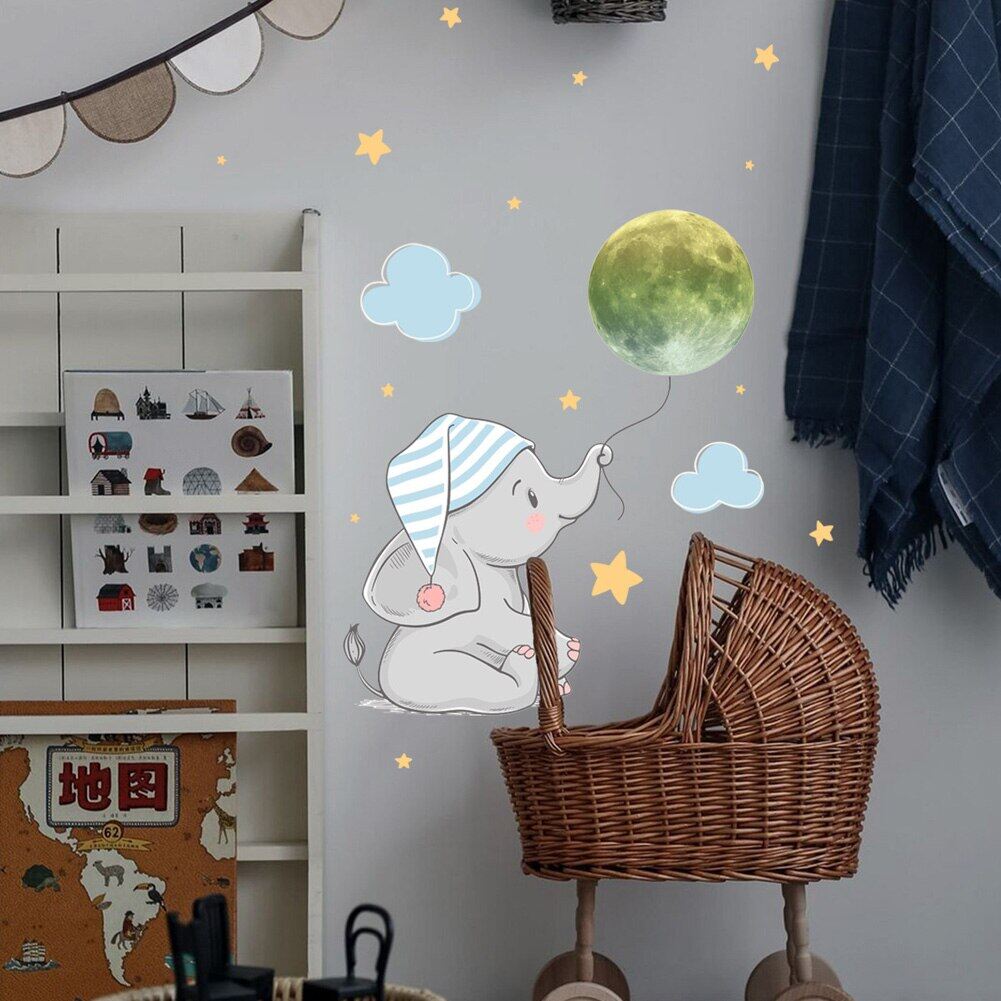 Baby Elephant Moon Luminous Wall Sticker For Baby Kids Room Bedroom
