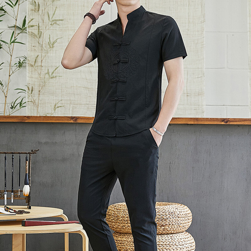 Chinese style Zen suit imitation linen suit men's retro buckle collar