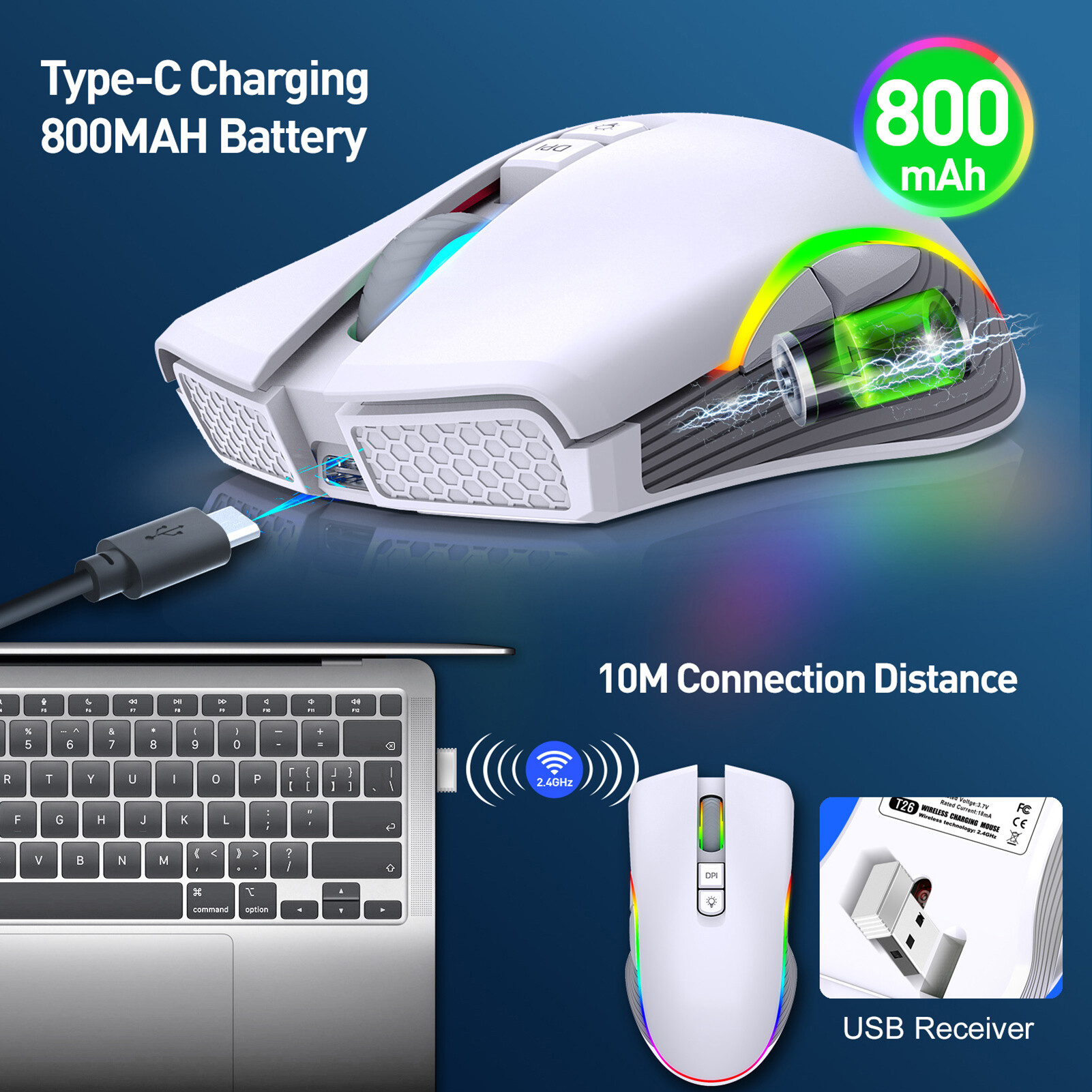 7 Buttons Type-C Charging DPI Adjustable Plug Play Wireless Mouse 2.4G Bluetooth-compatible Colorful Light Optical Mute Mouse with Receiver Computer Accessories Computer Mouse Plug