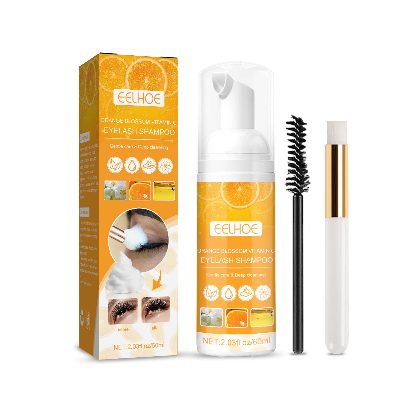 Eelhoe Eyelash Extension Brush Shampoo Kit No Stimulation Makeup Clean Tools Pro Eyelash Cleaner VC Eyelash Lengthening Cleaning Liauid Eyelash Extension Glue Eye Lash Cleansing Foam Pump Eyelashes Grafting Cleaning Liquid（60ml）