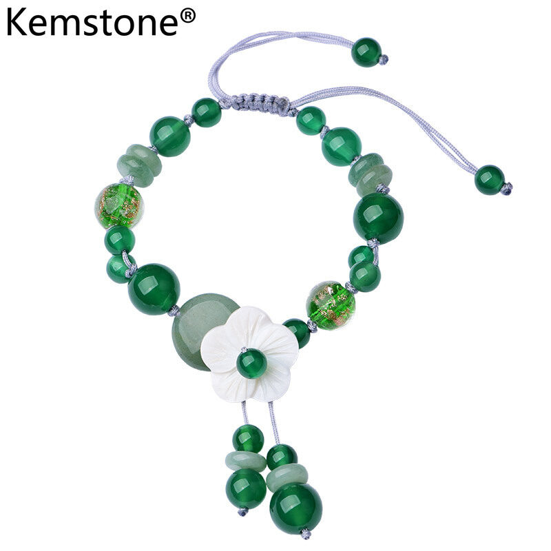 Kemstone Enthic Style Woven Rope Green Flower Natural Agate Tangling Jade Beads Bracelet Jewelry Gift for Women Girls