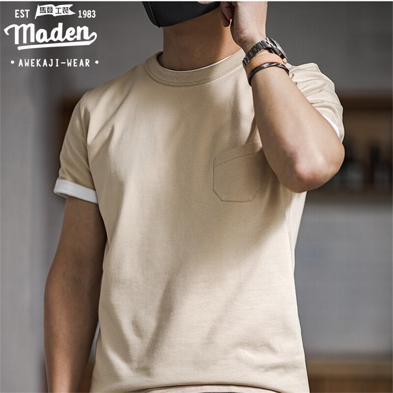 Maden tooling men youth campus style 2024 summer new Japanese retro solid color basic t-shirt round neck t-shirt cotton boyfriend short-sleeved apricot shirt