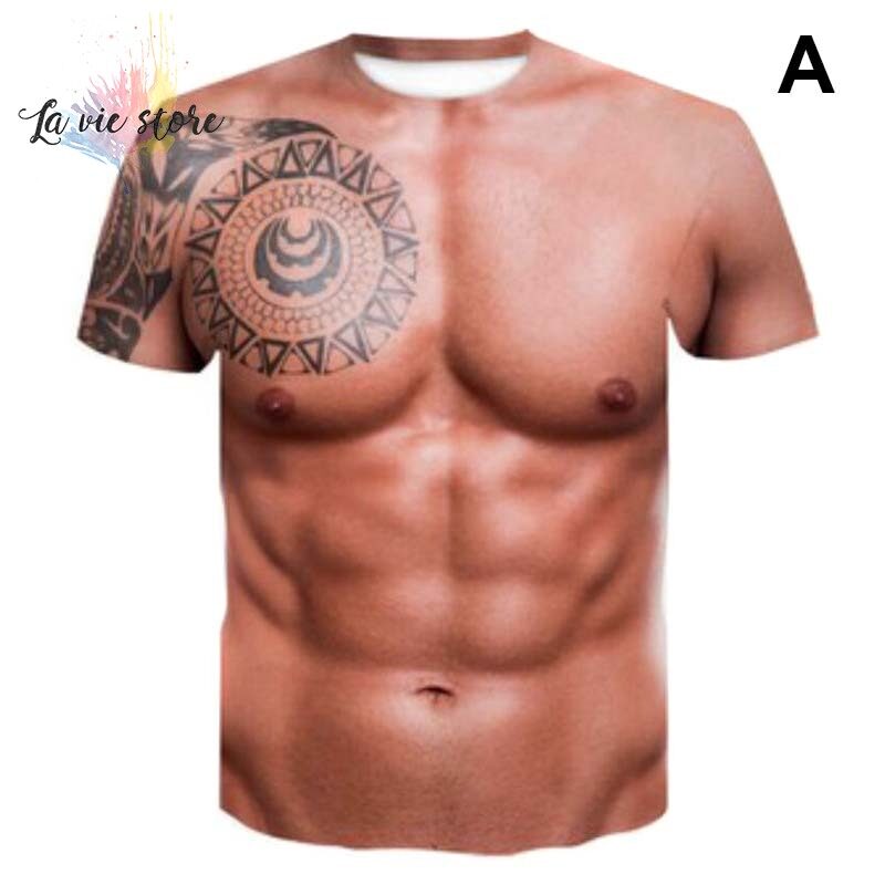 [La vis] Muscle Tattoo Print T-Shirt Men Short Sleeve 3D Digital Printing T-shirt