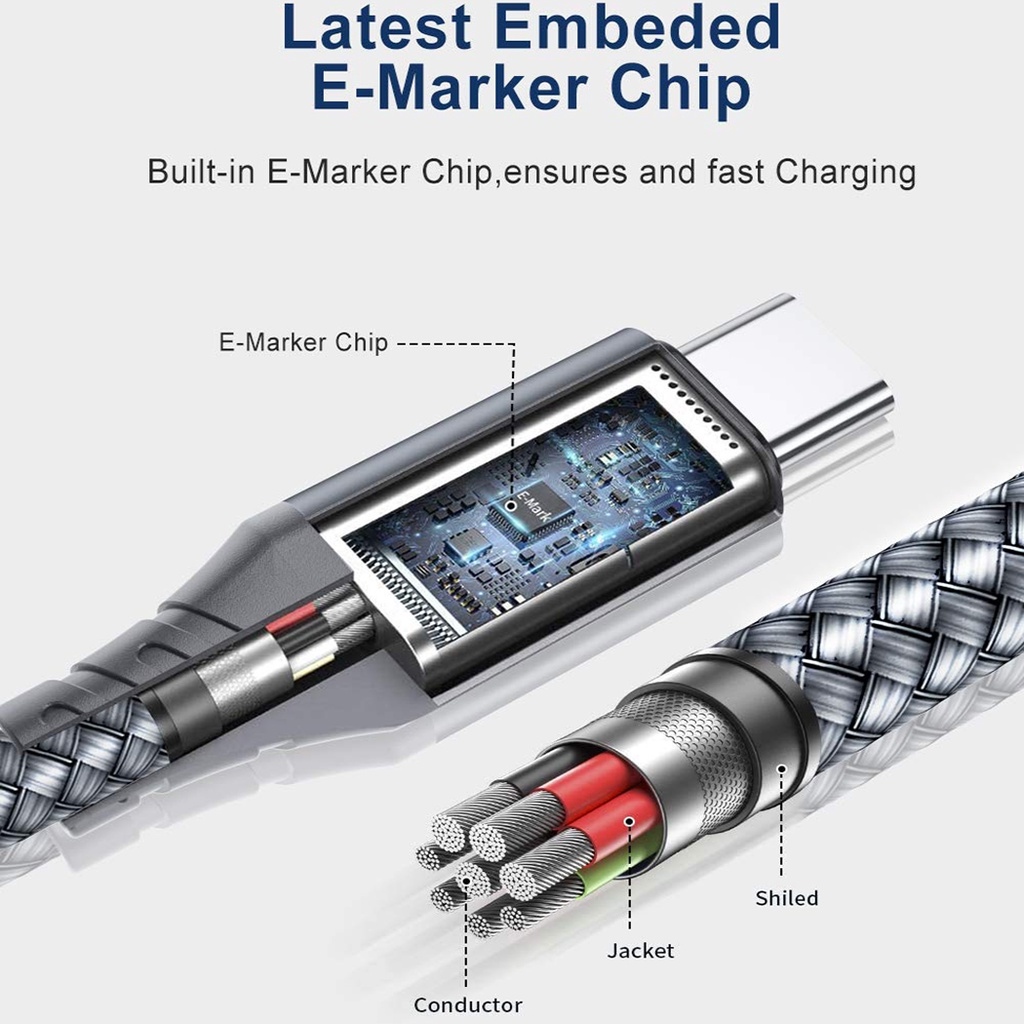 Type C to Type C 100W 5A 20V  Fast Charging Nylon Cable / Type C  Charger Cord Compatible With Universal Type C Supported Android / Video Output Fast Charging USB-C Nylon Braided Cable