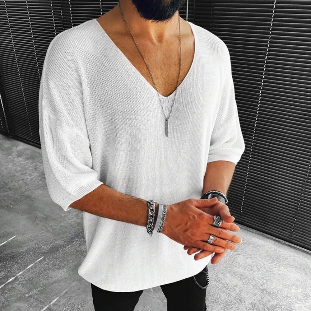 Summer Fashion Mens V-neck Short Sleeve Slim Fit T-shirts Male Solid ...