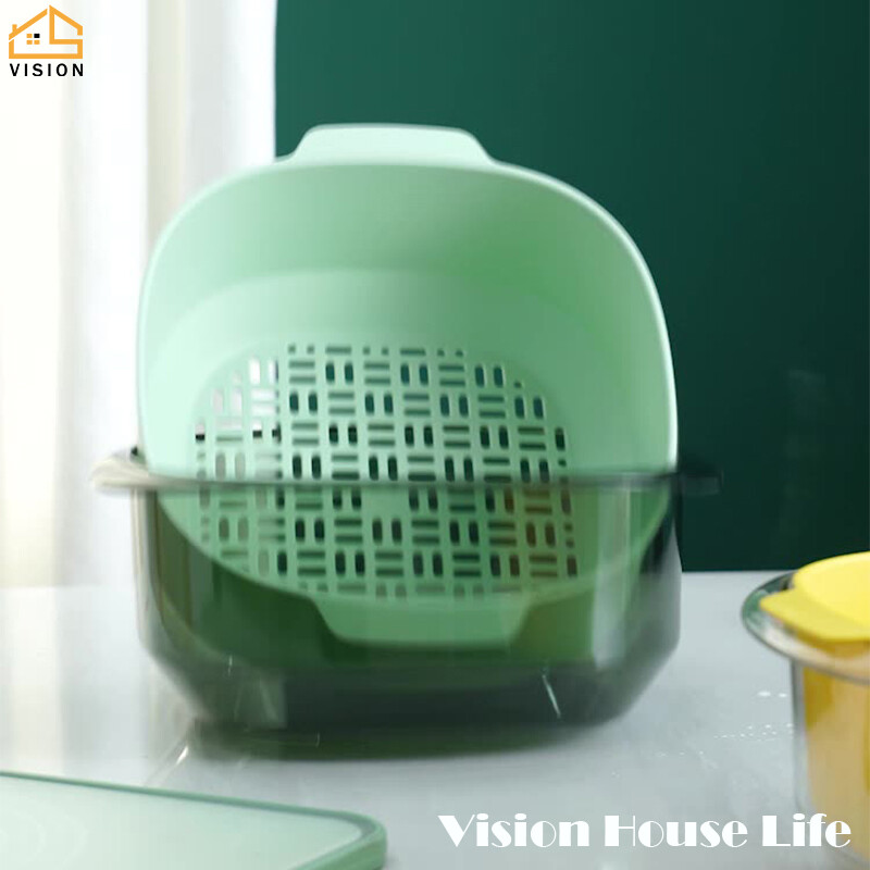 Vision Double Layer Vegetable Washing Basin Drain Basket Multi-Functional Detachable Drainage Basket Bowl Household Plastic Fruit Basket Kitchen Storage Strainer Leakage Filter Basket