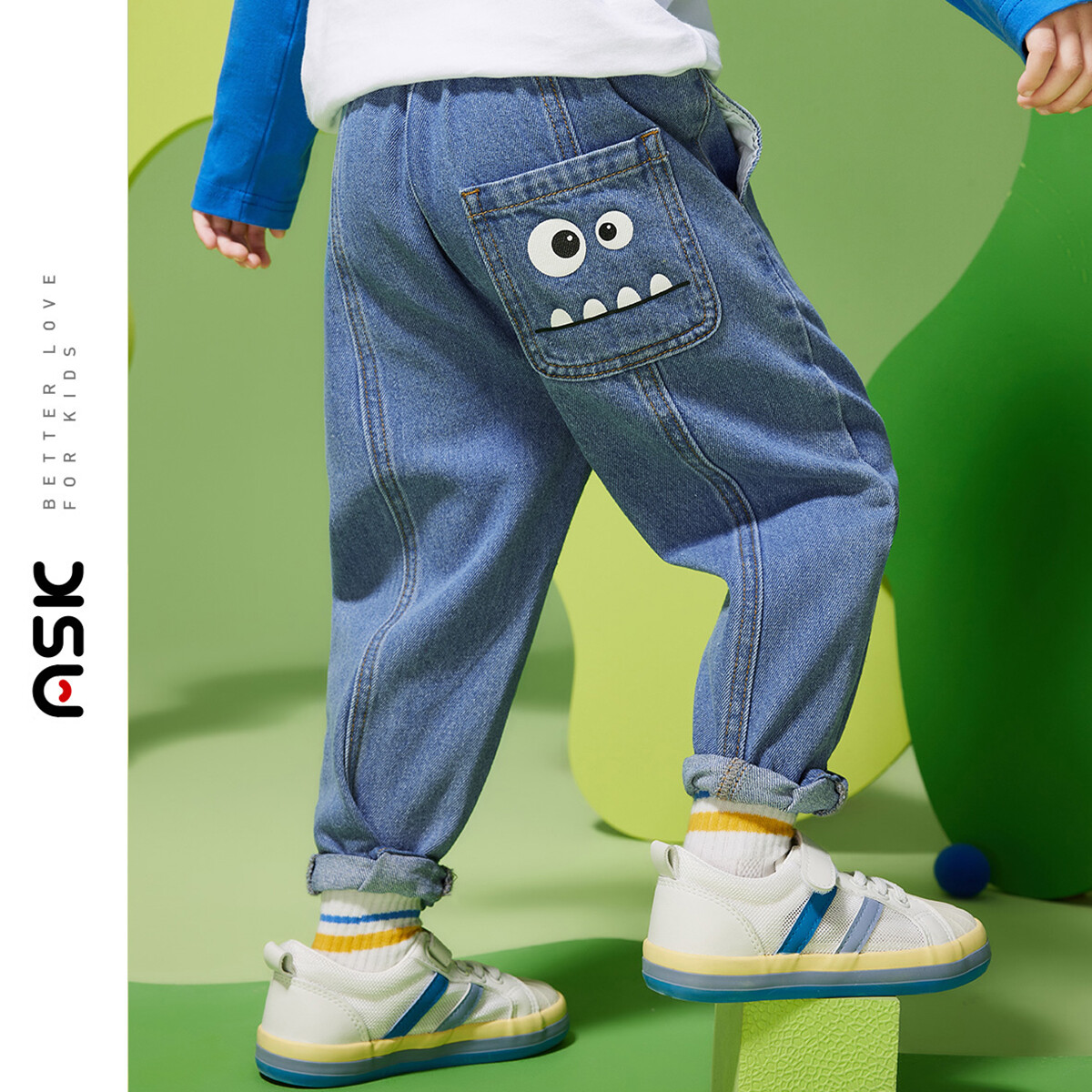 ASK JUNIOR Boys Fashion Casual Cartoon Pattern Jeans Corset Pants