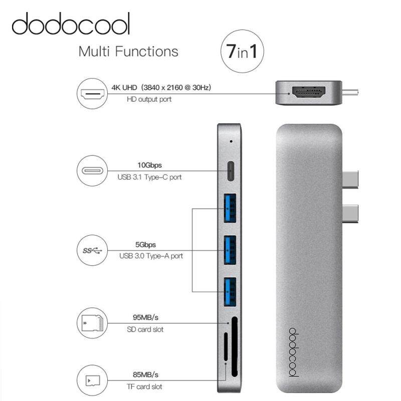 dodocool Aluminum Alloy 7-in-1 Multiport Hub with Dual USB-C Connectors 4K Video HD Output Port SD/TF Card Reader USB 3.1 Type-C Port and 3 SuperSpeed USB 3.0 Ports for MacBook Air 2018 and MacBook Pro 2016 / 2017 / 2018 / 2019 Gray