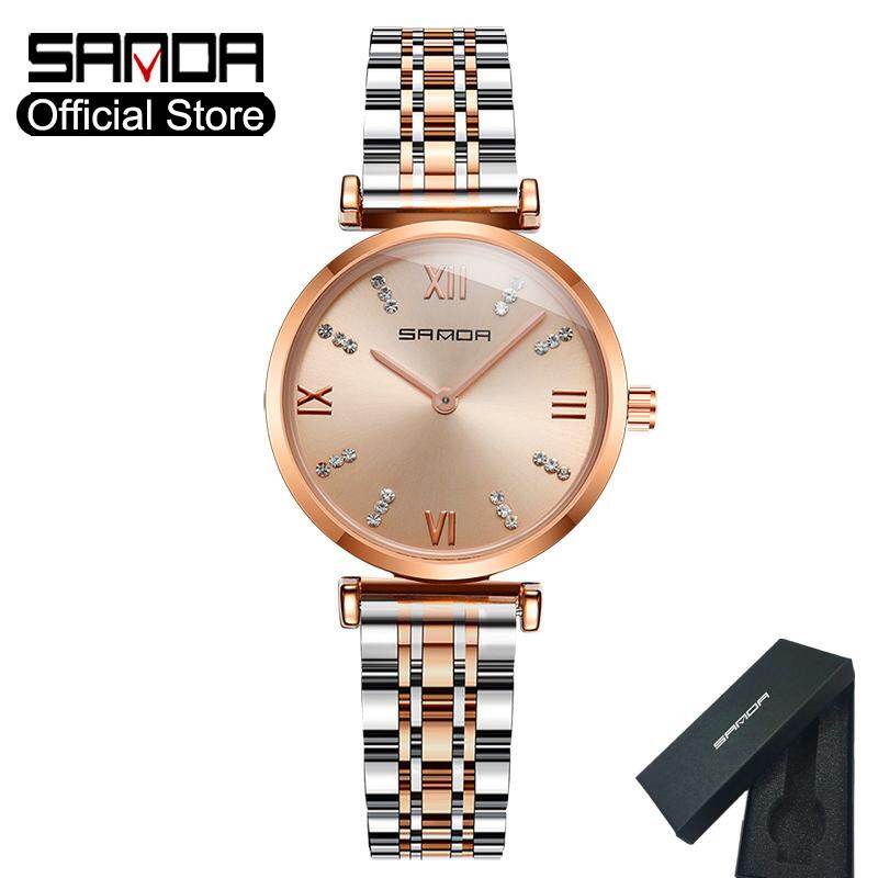 SANDA Women  Watch Fashion Trend Simple Diamond Roman Scale Ladies Steel Belt Waterproof Fashion Quartz Watch Stainless Steel Strap Waterproof High Quality Authentic Ladies Table Gift Box
