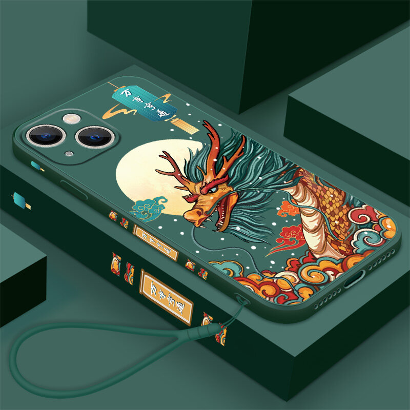 QuXis Luxury Square Liquid Silicone Case for iPhone 14 13 12 11 Pro Max Mini SE 2020 7 8 Plus Fashion Chinese dragon Soft Phone Full Cover Cases for iPhone X Xs Xr 7P 8P Cartoon Casing for iPhone 13 Pro max Cover Cases