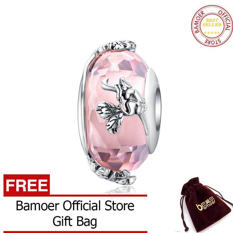 BAMOER Butterfly Pink Handmade Glass Beads for Women Original Silver 925 Bracelet European Silver Jewelry SCC1285