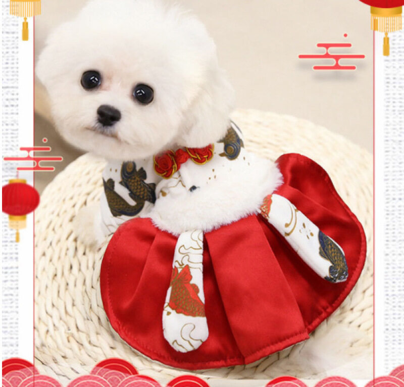 DY LOVING Quần Áo Thú Cưng Năm Mới Trung Quốc Váy In Hình Đám Mây May Mắn Đầm Cho Chó Xếp Li Có Nút Đặc Trưng Trung Quốc Cho Bông Chihuahua