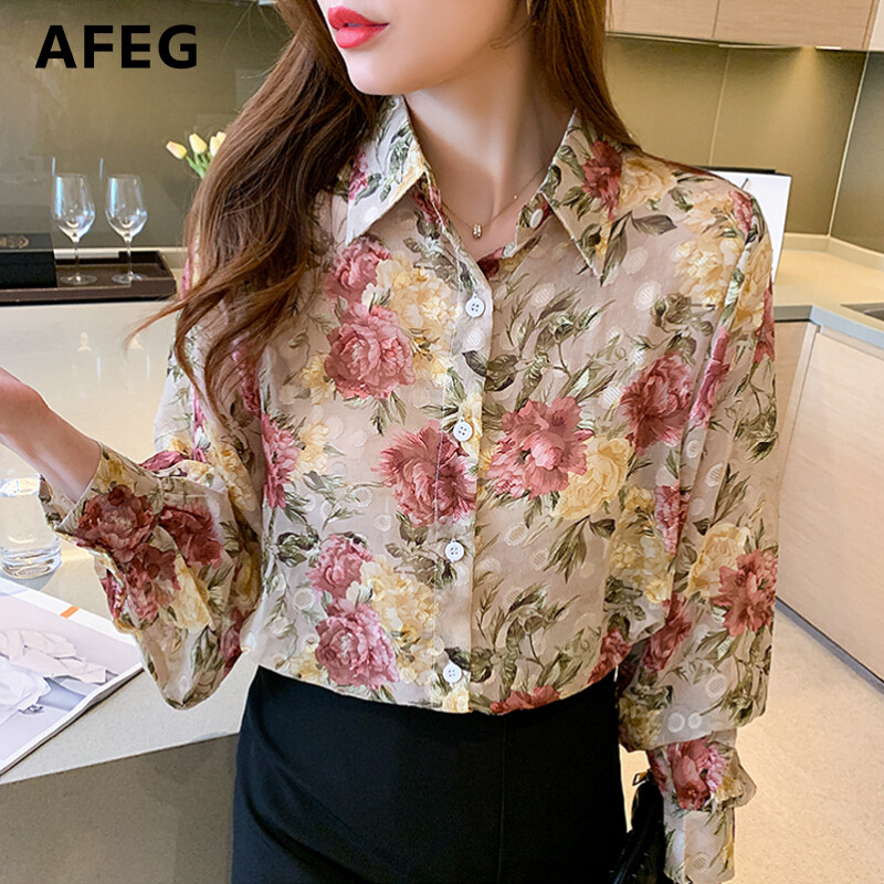AFEG Korean fashion loose wild retro printed chiffon lantern sleeve blouse for women