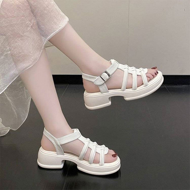 LAL Platform women's shoes One line with stylish square toe heels block heel platform sandals