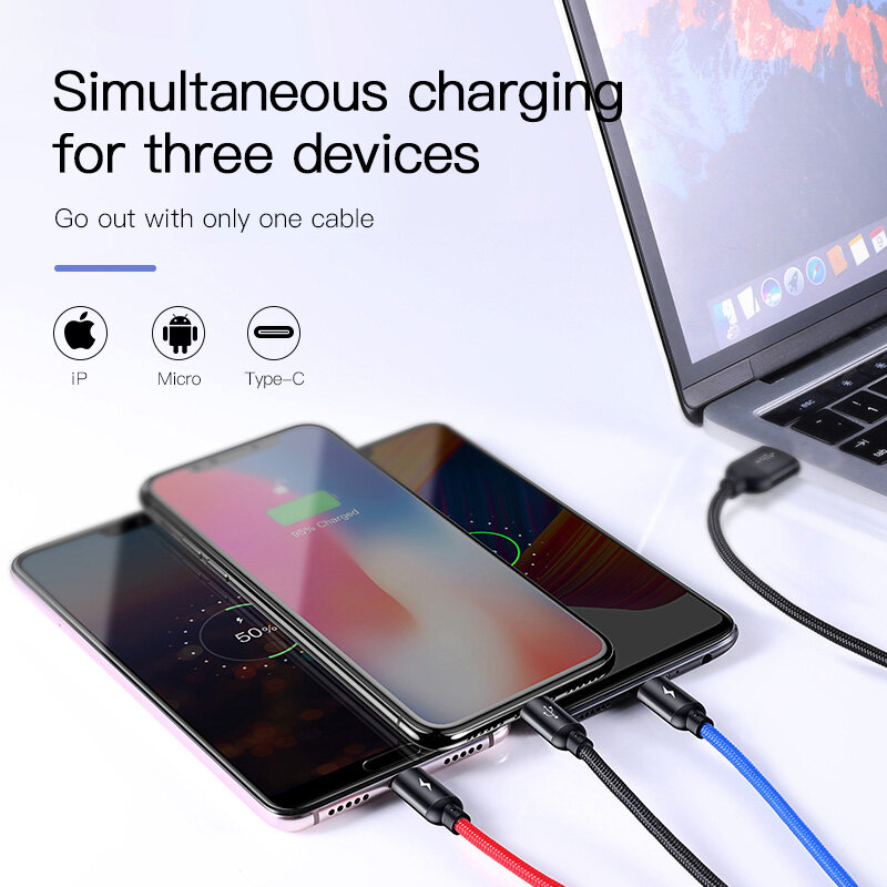 Cáp sạc đa năng Baseus Rapid Series 3 trong 1 cho iPhone/ iPad, Smartphone & Tablet Android (3.5A, 1.2M, Type C/ Micro/ Lightning , Fast charge3  in 1 Cable)