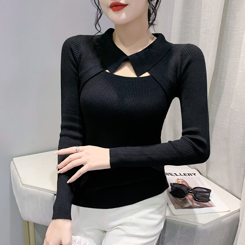 REHIN Women's top 2023 Autumn New Arrival Unique design flipped collar long-sleeved knitted sweater versatile pullover t-shirt