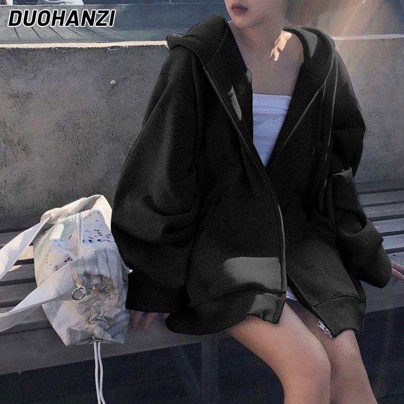 DUOHANZI coat for women long sleeve hooded plus size loose coat